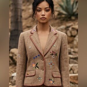Focus 2000 Women's Floral Embroidered Tweed Brown Blazer SM